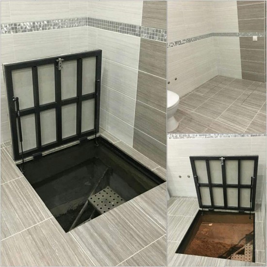 Grīdas tērauda tehniskā (revīzijas) lūka izmērs 90 cm x 170 cm H